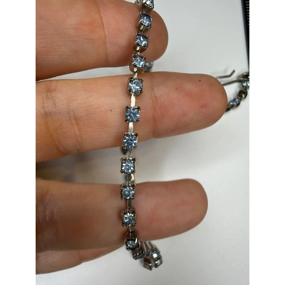 Vintage Light Blue Rhinestone Tennis Choker Necklace Silver Tone Clasp 15.5in